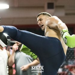 Gian Villante throws a kick at UFC on FOX 25 open workouts Thursday at UFC Gym in New Hyde Park, N.Y.