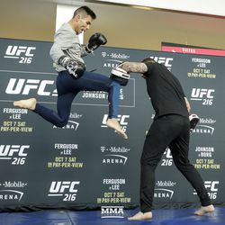 Ray Borg landing a huge flying knee during the UFC 216 open workouts Thursday at T-Mobile Arena in Las Vegas.