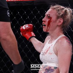 Heather Hardy bleeds from a head butt at Bellator NYC.