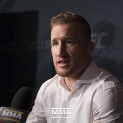 Justin Gaethje answers a question during UFC 213 media day.