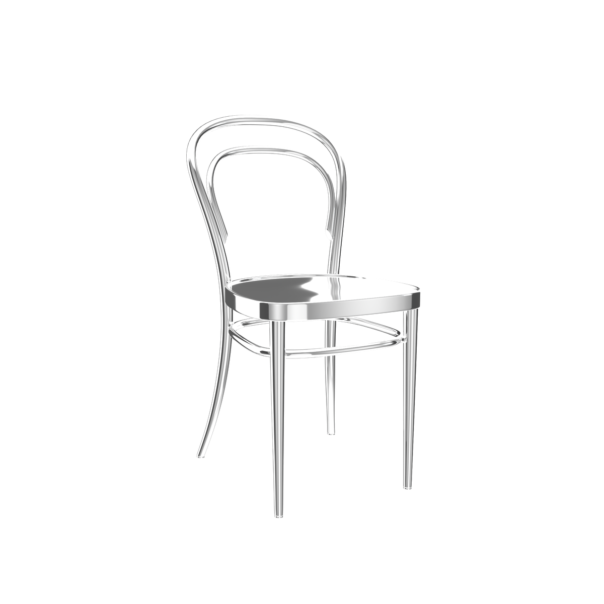  A flimsy-looking wooden chair with four legs a round seat and an arched back frame with no support.