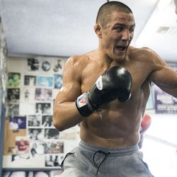 Aaron Pico smashes the bag at a recent workout at Wild Card gym in Hollywood.
