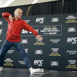Valentina Shevchenko does her signature dance at UFC 215 open workouts at the Rogers Place in Edmonton, Alberta, Canada.