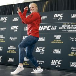 Valentina Shevchenko dances at UFC 215 open workouts at the Rogers Place in Edmonton, Alberta, Canada.