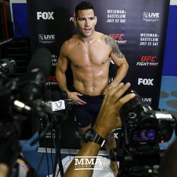Chris Weidman talks to the media at UFC on FOX 25 open workouts Thursday at UFC Gym in New Hyde Park, N.Y.