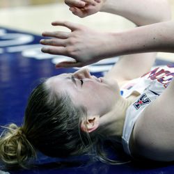 UConn’s Katie Lou Samuelson (33) reacts after being fouled.<br>