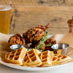 Chicken & waffles (fried chicken, buttermilk waffle, honey-thyme butter, molasses syrup, red pepper jam).