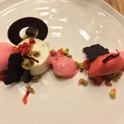 Blanc-manger with strawberry sorbet, hibiscus mousse