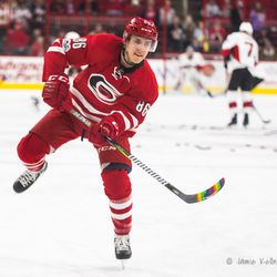 Teuvo Teravainen uses pride tape on his stick during warmups. February 24, 2017. You Can Play Night, Carolina Hurricanes vs. Ottawa Senators, PNC Arena, Raleigh, NC. Copyright © 2017 Jamie Kellner. All Rights Reserved.