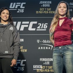 Mara Romero Borella and Kalindra Faria pose at UFC 216 media day.