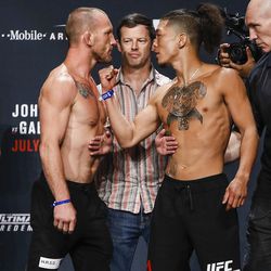 Gray Maynard and Teruto Ishihara face off face off at the TUF 25 Finale ceremonial weigh-ins Thursday at Park Theater in Las Vegas.