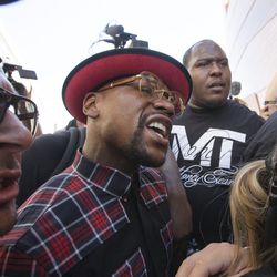 Floyd Mayweather gets fired up Tuesday.