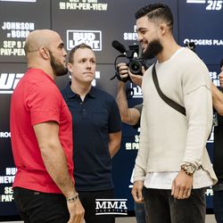 Ilir Latifi and Tyson Pedro face off at UFC 215 media day at the Rogers Place in Edmonton, Alberta, Canada.