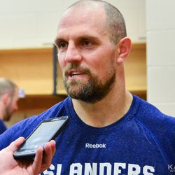Dennis Seidenberg gladly accepting an interview request in the locker room after a crucial win