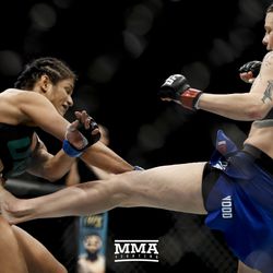 Joanne Calderwood push kicks Cynthia Cavillo at UFC Fight Night 113 on Sunday at the The SSE Hydro in Glasgow, Scotland.