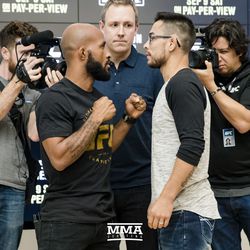 Demetrious Johnson and Ray Borg face off at UFC 215 media day at the Rogers Place in Edmonton, Alberta, Canada.