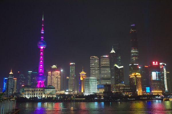 A picture of Shanghai at night, taken from the water