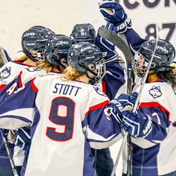 UConn women’s hockey celebrates Brianna Colangelo’s goal.
