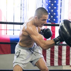 Aaron Pico works his hands at a recent workout at Wild Card gym in Hollywood.