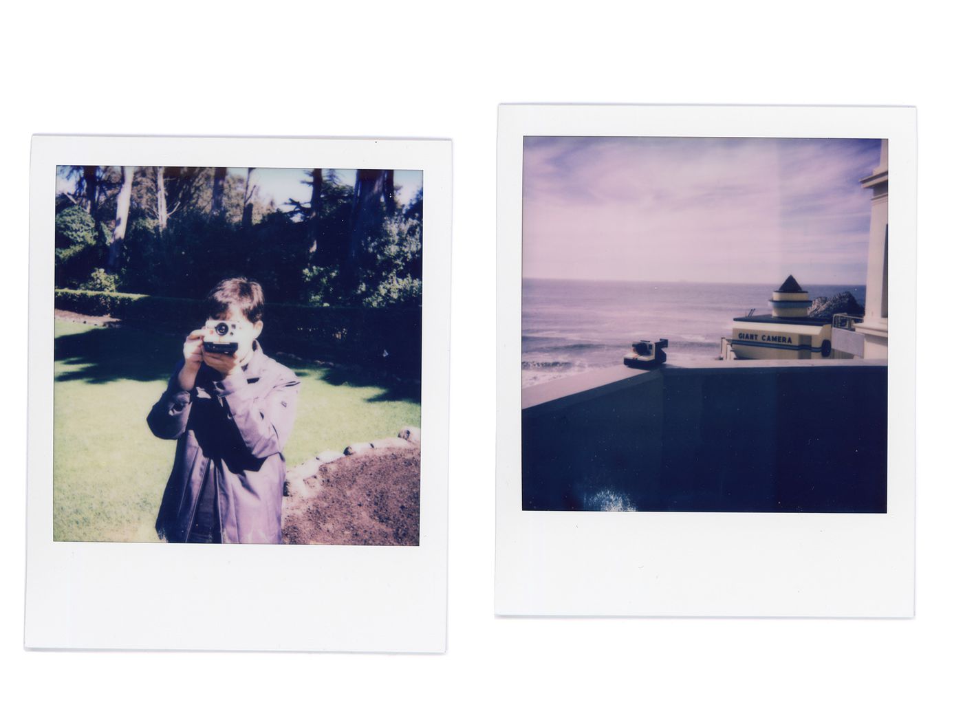 Two more real, unedited Polaroids we shot of the Lego Polaroid with a Polaroid OneStep SX-70 — the camera it’s based on. One is me, holding the Lego Polaroid up to my eye facing the camera. The other is the Polaroid in its native habitat (on a railing next to the Camera Obscura near San Francisco’s Cliff House, with the ocean in the background).
