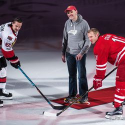 Ceremonial puck drop with Shawn Long of Equality NC with Ottawa Senators captain Erik Karlsson and Carolina Hurricanes alternate captain Jordan Staal. February 24, 2017. You Can Play Night, Carolina Hurricanes vs. Ottawa Senators, PNC Arena, Raleigh, NC. Copyright © 2017 Jamie Kellner. All Rights Reserved.