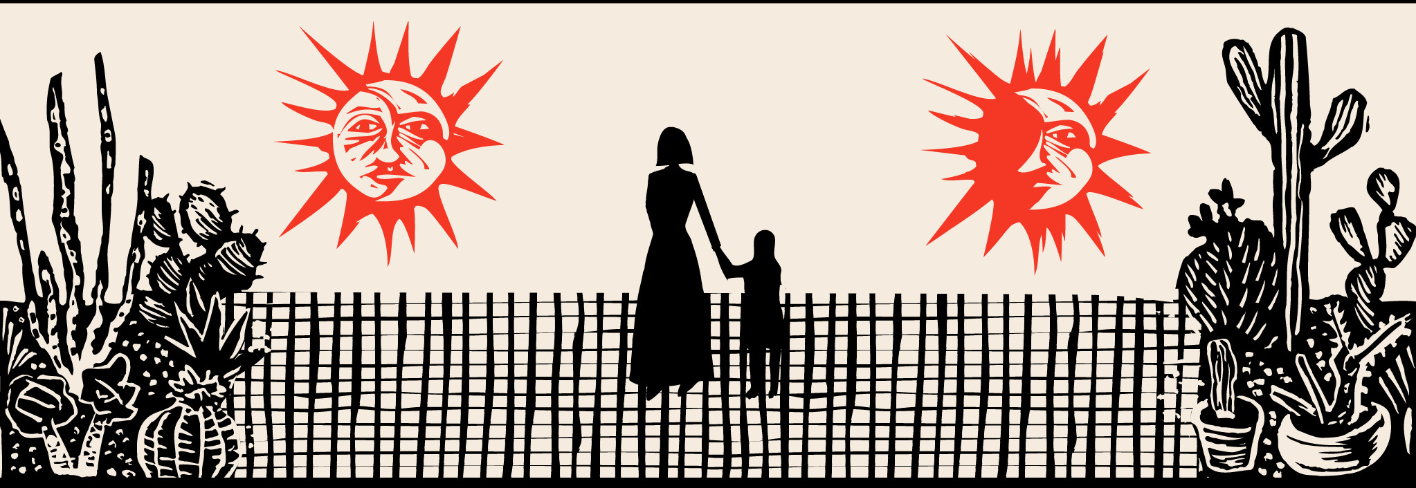 Illustration of a woman holding a child’s hand, in the sun, near cacti.