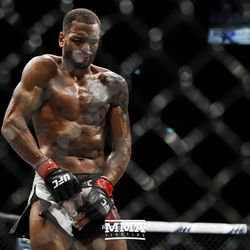 Danny Roberts recovers from a low blow at UFC Fight Night 113 on Sunday at the The SSE Hydro in Glasgow, Scotland.