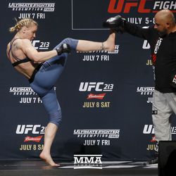 Valentina Shevchenko kicks mitts during UFC 213 open workouts Wednesday at the Park Theater in Las Vegas, Nevada.