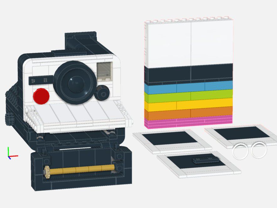 The first digital mockup of the Lego Polaroid shows how it resembled Marc’s design. You see colorful highlights like the red shutter button, gold film ejector, and rainbow stripe on the film box — before any stickers or printing are added.