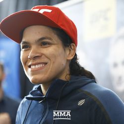 Amanda Nunes speaks to the media at UFC 215 open workouts at the Rogers Place in Edmonton, Alberta, Canada.