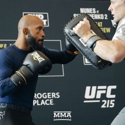 Demetrious Johnson focuses at UFC 215 open workouts at the Rogers Place in Edmonton, Alberta, Canada.