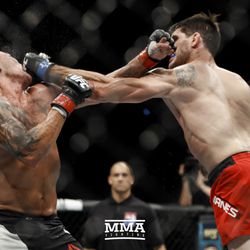 Ryan Janes trades punches with Jack Marshman at UFC Fight Night 113 on Sunday at the The SSE Hydro in Glasgow, Scotland.