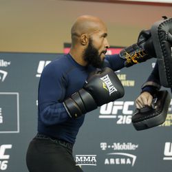 Demetrious Johnson hitting Thai pads during the UFC 216 open workouts Thursday at T-Mobile Arena in Las Vegas.