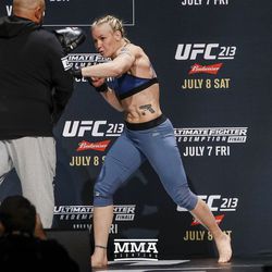 Valentina Shevchenko throws a left hand during UFC 213 open workouts Wednesday at the Park Theater in Las Vegas, Nevada.