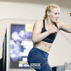 Valentina Shevchenko shadowboxes at UFC 215 open workouts at the Rogers Place in Edmonton, Alberta, Canada.