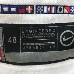 View of the jock tag on the Clippers’ new white “Association edition” jersey, which features “Clipper Nation” spelled in a version of the nautical alphabet adapted with Clippers colors.