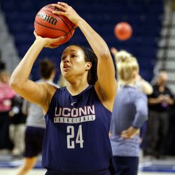 UConn’s Napheesa  Collier shoots during a drill during their Sweet 16 practice.<br>