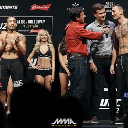 Max Holloway talks to the fans at UFC 212 weigh-ins.