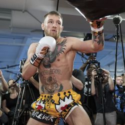 Conor McGregor hits the bag at media workout.