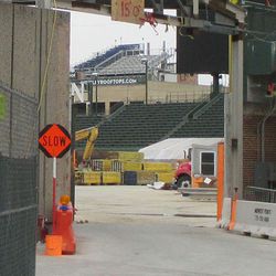 A look through the right-field gate, shrouding in the area of the new bullpen