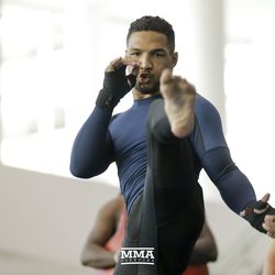 Kevin Lee throws teeps during the UFC 216 open workouts Thursday at T-Mobile Arena in Las Vegas.