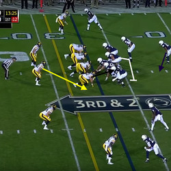 The defensive end (black arrow) slants inside and the the linebacker scrapes over to wait for the running back. 