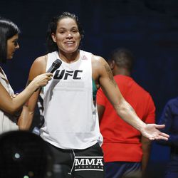 Amanda Nunes answers questions during UFC 213 open workouts Wednesday at the Park Theater in Las Vegas, Nevada.