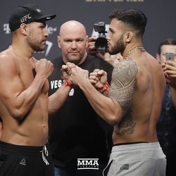 Thales Leites and Brad Tavares square off at UFC 216 weigh-ins.