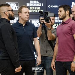 Jeremy Stephens and Gilbert Melendez face off at UFC 215 media day at the Rogers Place in Edmonton, Alberta, Canada.