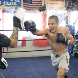Aaron Pico hits mitts at a recent workout at Wild Card gym in Hollywood.