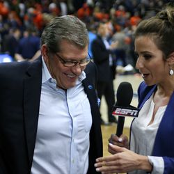 UConn head coach Geno Auriemma is interviewed by ESPN’s Diana Russini after the game.