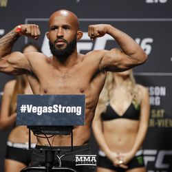 Demetrious Johnson poses at UFC 216 weigh-ins.