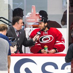 Mike Maniscalco interviews first star and You Can Play ambassador Eddie Lack. February 24, 2017. You Can Play Night, Carolina Hurricanes vs. Ottawa Senators, PNC Arena, Raleigh, NC. Copyright © 2017 Jamie Kellner. All Rights Reserved.