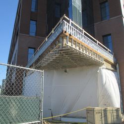 Close view of the NW corner of the plaza building, new construction
